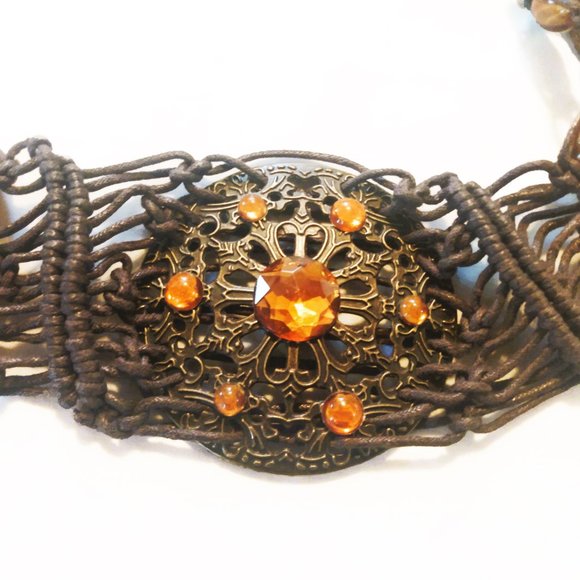 Vintage 1970's Brown Macrame Tie Belt With Glass Beads & Faux Amber Stones - Picture 8 of 11